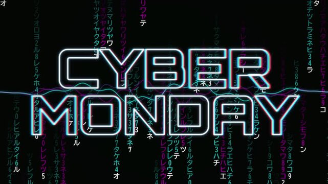 CYBER MONDAY neon text RGB split animation over digital rain seamless loop
