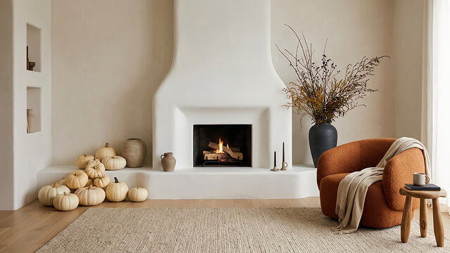 Minimalist fall living room decorated with white pumpkins along fireplace hearth and brown accent chair.