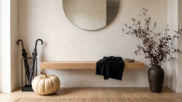 Modern entryway with floating bench and large pumpkin for seasonal styling.