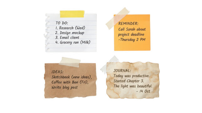 Four sticky notes with handwritten todo list, reminder, ideas, and journal entry isolated on transparent background