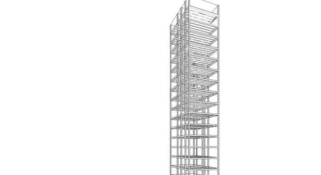 A skeletal steel frame of a tall building is depicted against a stark white background, representing structural engineering and architectural design.