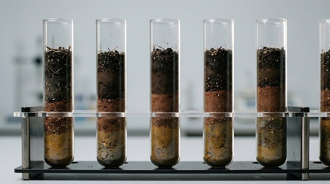 Laboratory test tubes containing stratified soil samples for geological analysis