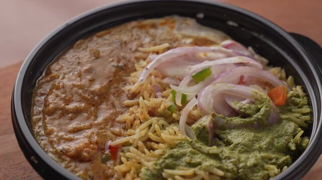 Aromatic Spiced Masala Rice Served with Rich Indian Curry and Fresh Sliced Onion Topping in a Bowl, Close-Up Food Shot.