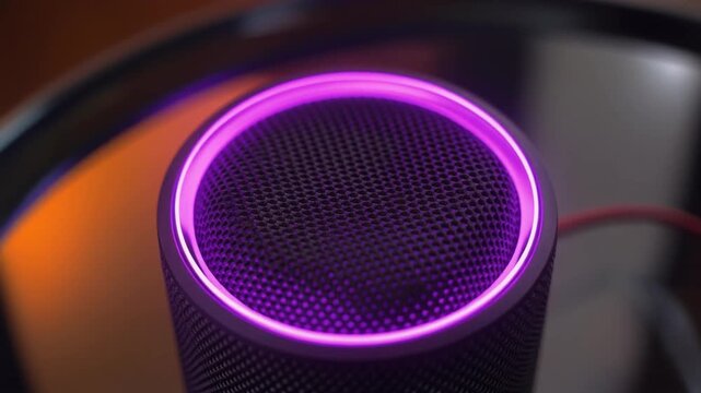Modern smart speaker with glowing purple light ring