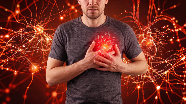 Man Experiencing Chest Pain with Glowing Heart Anatomy and Neural Network Visualization, Cardiovascular Disease, Heart Attack Symptoms and Medical Technology