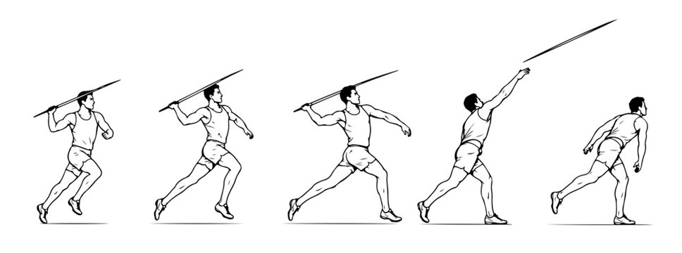 Sequential Spear Throwing Technique Silhouette, Ancient Warrior Javelin Training in Five Dynamic Poses
