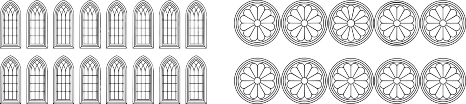 Gothic architectural window vectors, medieval church stained glass frame silhouettes, antique cathedral rose window icons