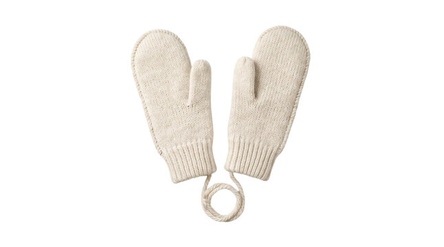 White knitted wool mittens with a string isolated on transparent background png