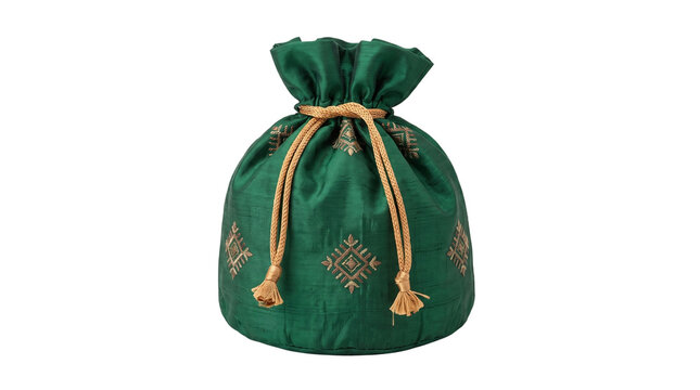Green silk embroidered potli bag isolated on transparent background png