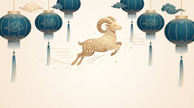 Celebrating the lunar new year with a majestic goat and traditional lantern decorations