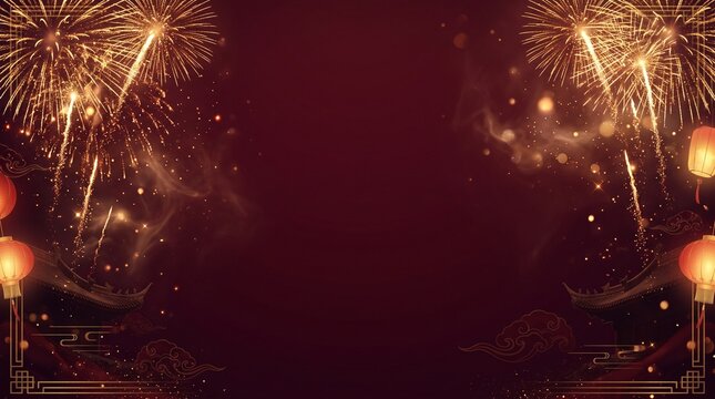 A vibrant and festive chinese new year celebration with glowing lanterns and sparkling fireworks displays