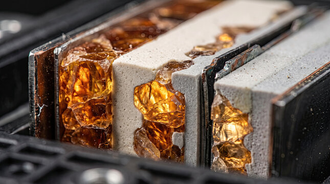 Solid state battery cell cross section with amber crystal electrolyte, ceramic layers and metal electrodes