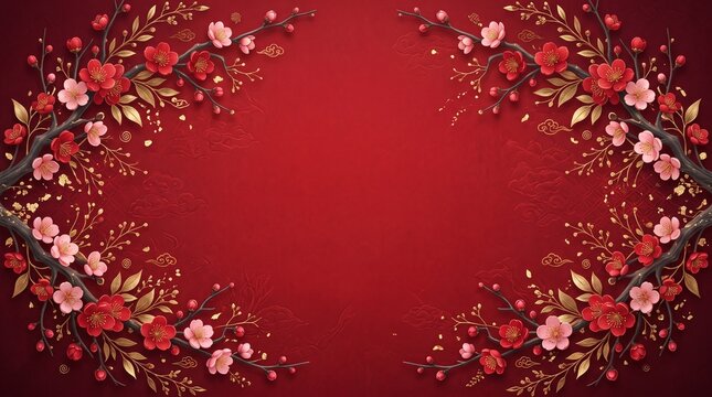 A vibrant and festive chinese new year background with blossoming floral decorations and a rich red hue