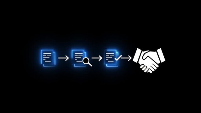 Procurement process management, Digital and paper document approval, contract verification, supplier negotiation, and business purchasing operations using in black background.4k video.