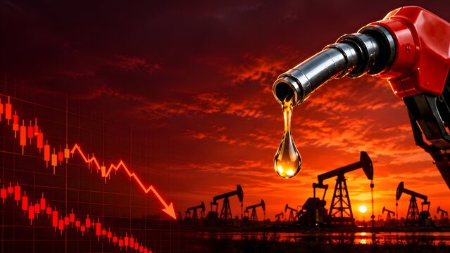 Declining global oil prices concept with red gas pump nozzle dripping golden drop against sunset and downward stock market chart