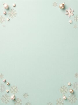 Vertical minimalist pastel Christmas background with snowflakes and baubles