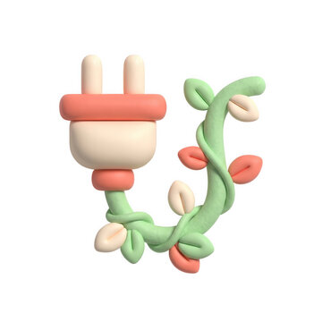 3d render of green energy electric plug with leaves isolated on