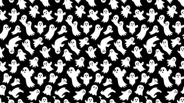 Cute Halloween ghost seamless pattern, spooky white ghost vector background, black and white holiday wallpaper texture