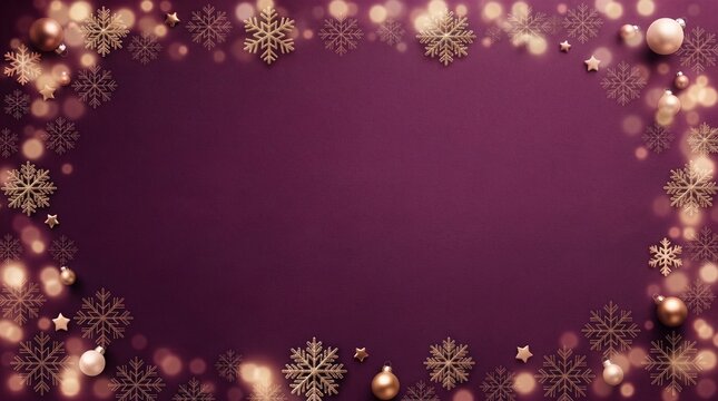 Luxury burgundy and gold Christmas background with snowflakes and baubles frame