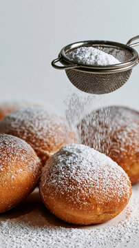 delicate powdered sugar falling from a metal sifter on white background, fine sugar dusting for baking and dessert decoration, closeup of powdered sugar sprinkled through a small metal sieve