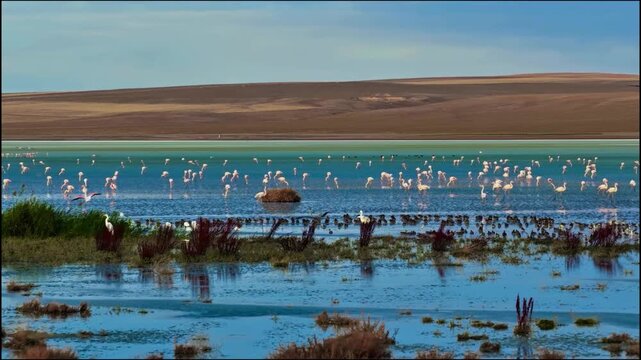 Flock of pink flamingos wading in shallow turquoise salt lake with birds taking flight over wetland marsh 