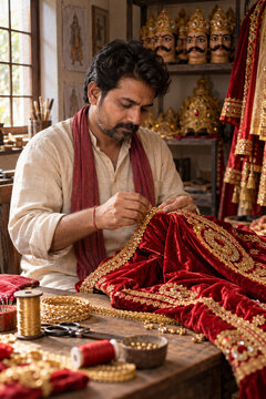 A costume maker works with crimson fabric and gold trim in a textile workshop. An imagined scene of costume preparation for Dussehra theatre.