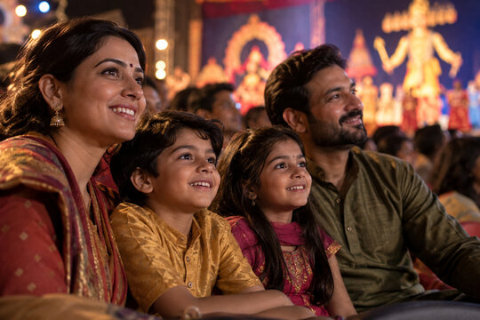 Parents and children watch a warmly lit theatrical performance with smiling faces. An imagined family audience at a Dussehra community celebration.