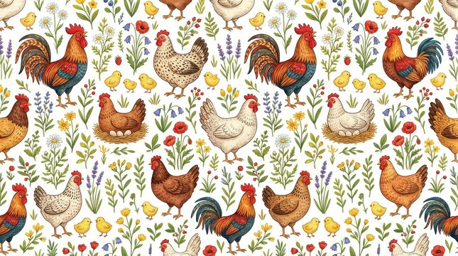 Rooster and hen pattern with chicks on floral background