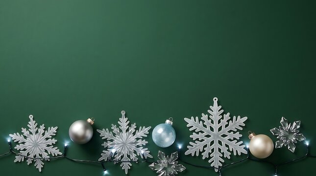Christmas border with silver snowflakes and baubles on a dark green
