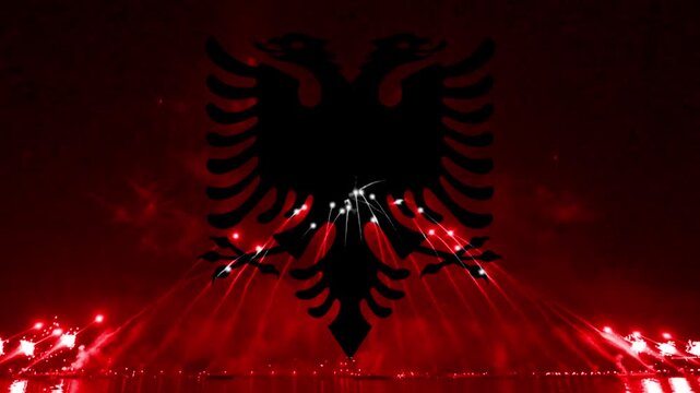 Albanian flag with a black doubleheaded eagle silhouette against a dark red background with red lights and fireworks