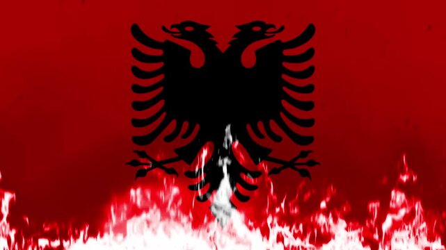 Albanian flag with fiery flames at the bottom, featuring the iconic doubleheaded eagle
