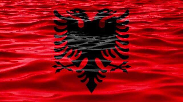 Closeup of the albanian flag, featuring a black doubleheaded eagle on a rippling red background, conveying national identity and movement