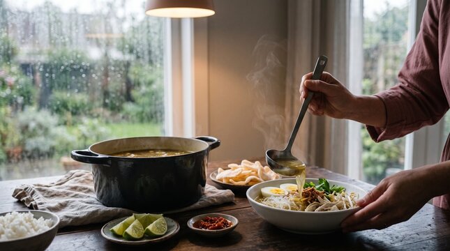 Woman's hands ladling homemade chicken soto soup with noodles and egg into bowl on rainy day, cozy home cooking, copy space