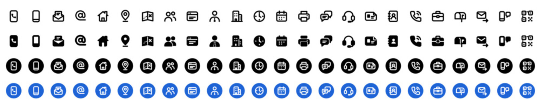 96 contact icons in line, solid and circle button styles for business card and website contact information: phone, email, address, location, mail, call, chat, support and team symbols, black and blue