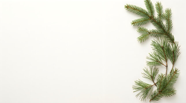 Christmas background with green pine tree branches on white surface