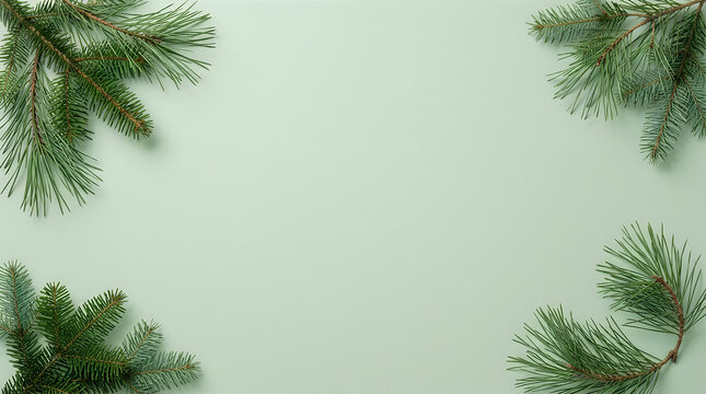 Christmas background with green pine branches on light green surface