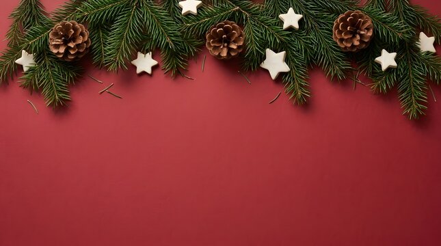 Festive christmas garland with star cookies on a vibrant red background for holiday themes