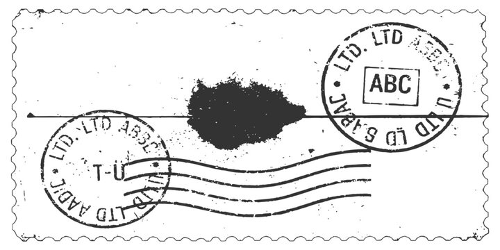 Vintage postal stamp mark with ink splatter and rubber postmark cancellation seal vector illustration background frame.