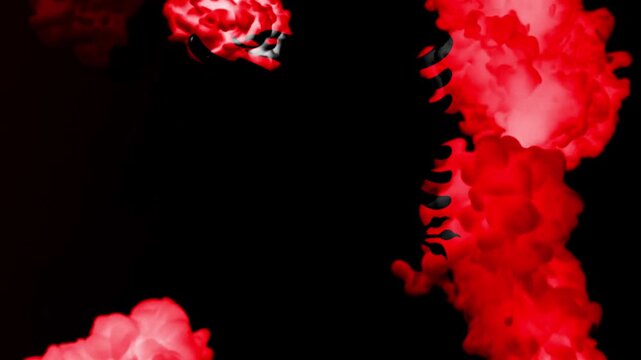 Abstract red ink or smoke dissolving and spreading in black liquid, creating a vibrant and dynamic fluid motion effect