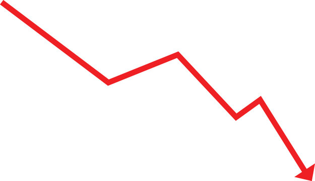 Red downward trend arrow line graph showing decline, decrease, loss and falling values for finance, economy, business crisis, recession and infographic design