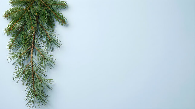 Fresh green pine branch on light blue background for christmas