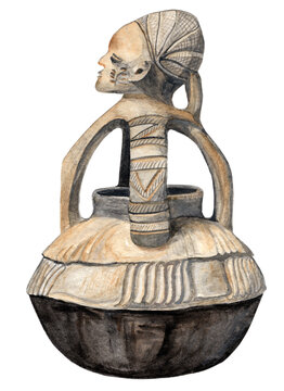 Nigerian ritual vessel with female figure from the 20th century. Terracotta ceremonial jar featuring Ife tradition cheek scarification marks and anthropomorphic handle, West African art. Artwork.