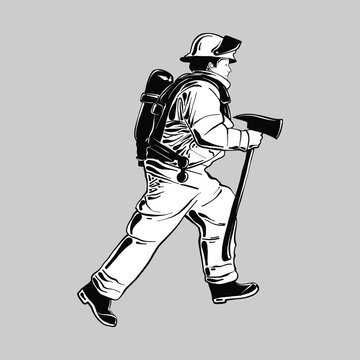 Vector illustration of a firefighter running in full protective gear.
