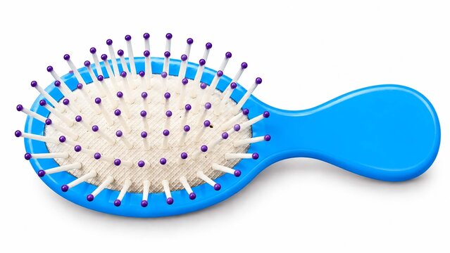 Blue paddle hairbrush with purple tipped bristles isolated on a clean