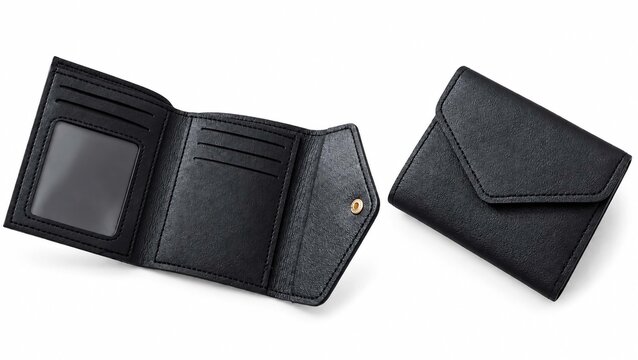 Black trifold wallet shown open and closed isolated on a clean white