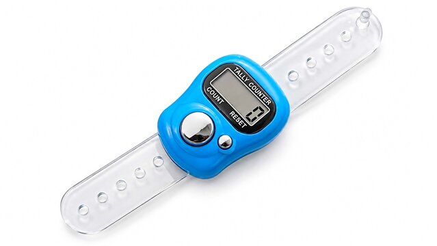 Blue digital tally counter watch with clear plastic strap isolated on