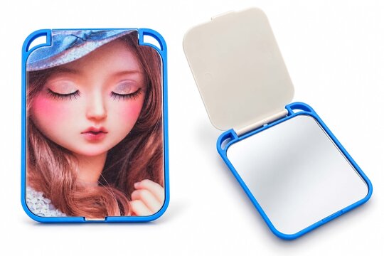 Blue compact mirror with girl illustration and open reflective