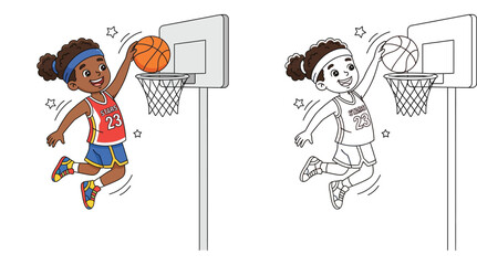 Cartoon black girl jumping to dunk basketball into hoop, color illustration and outline coloring page for kids © Mahmudul