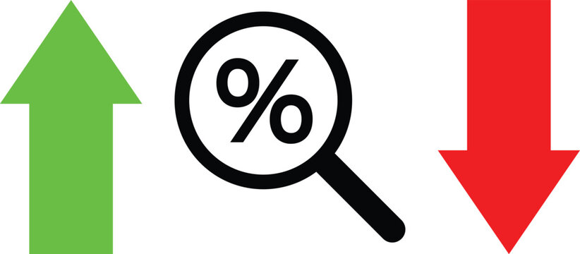 Green up arrow, red down arrow and magnifying glass with percent sign icons for percentage increase, decrease, rate analysis, finance and business infographics
