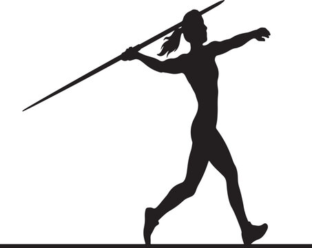Black silhouette of a female athlete throwing a javelin, isolated on a white background, track and field sports competition
